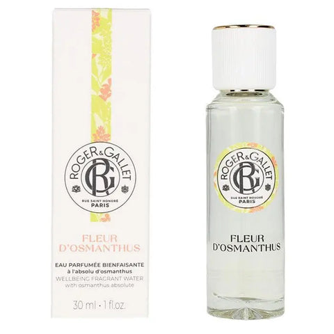 Roger & Gallet Fleur d'Osmanthus Eau Fraîche parfum vaporizer 30ml, featuring elegant floral scent, shown in a sleek spray bottle.