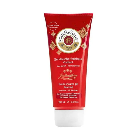 Roger & Gallet Jean Marie Farina Fresh Shower Gel in a 200ml bottle, featuring a revitalizing scent, displayed on a bathroom shelf.