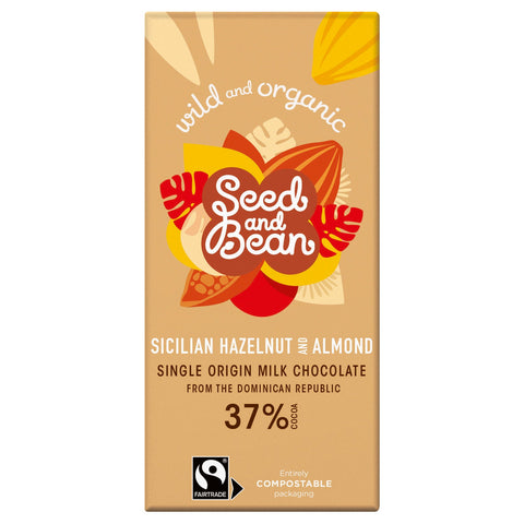 Organic and fair trade 37% rich milk chocolate bar with Sicilian hazelnuts and almonds from Jag Couture London New York.