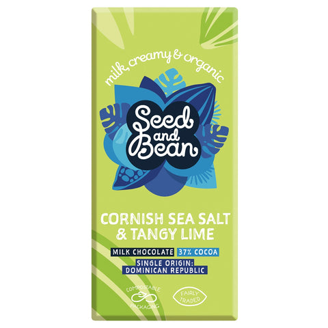 Organic milk chocolate bar with Cornish sea salt and lime by Jag Couture London - New York, showing the bar with salt and lime zest.