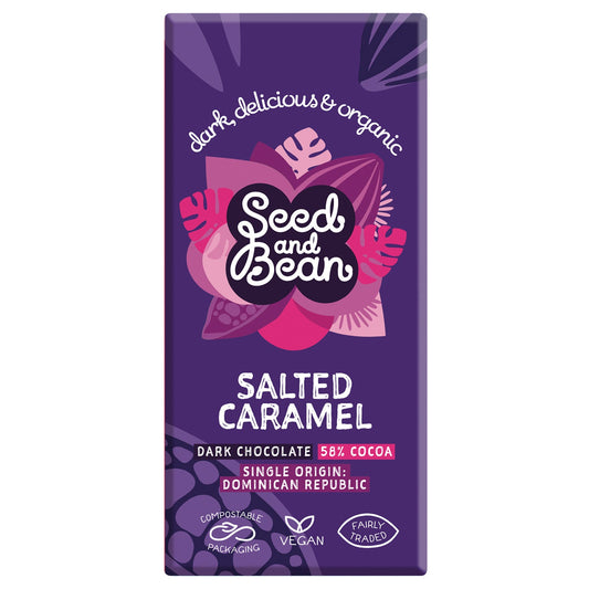 Organic 58% dark chocolate bar with salted caramel