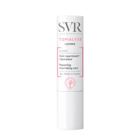 SVR Topialyse Lip Care 4g in a sleek container, designed to soothe and hydrate sensitive lips, by Jag Couture London New York