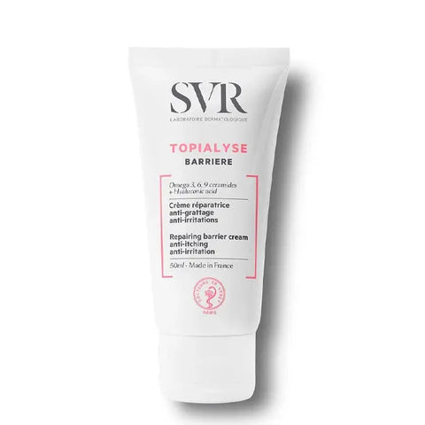 SVR Topialyse Nourishing Repairing Hand Cream in 50ml tube, shown with smooth, well-moisturized hands and clean packaging.
