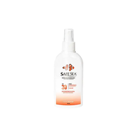 Ecofriendly Safe Sea Sunscreen SPF 30 spray by Jag Couture London, shown in a 100ml bottle with a spray nozzle.
