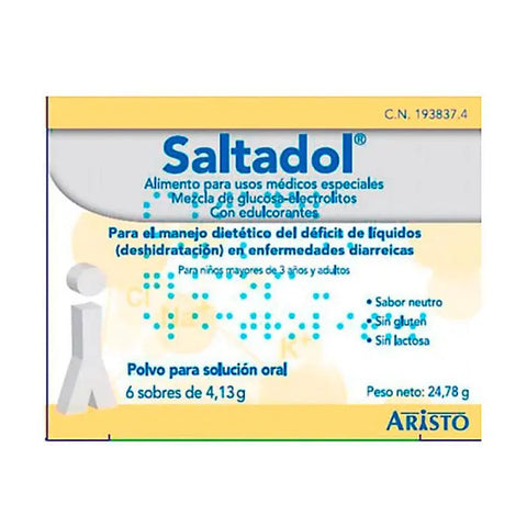 Saltadol oral solution powder in 6 sachets by Jag Couture London New York, shown in individual sachets with branding.