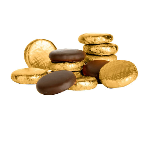 Gold foil-wrapped salted caramel crème dark chocolate fondants by Jag Couture London, 120-piece box.