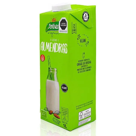 Organic almond milk in 6 one-liter cartons by Santiveri, featuring eco-friendly packaging from Jag Couture London New York.