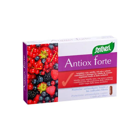 Santiveri Antiox Forte 40 capsules bottle, dietary supplement in a white container with a colorful label, on a neutral background.