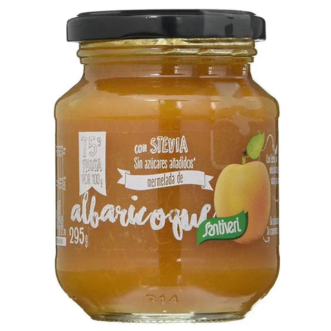 Jar of Santiveri apricot jam with stevia, 295g, by Jag Couture London New York, showing apricot jam with label and packaging