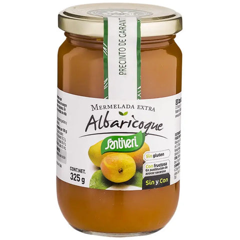 Jar of Santiveri apricot jam in a 325g glass container, with fresh apricots and spread on toast.