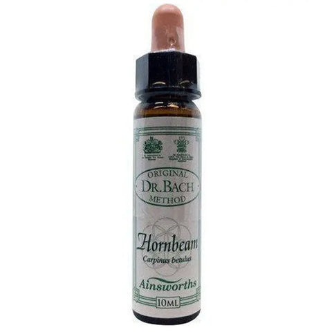 Santiveri Bach Hornbeam 10ml homeopathic remedy bottle, featuring a small glass dropper and label with product details.