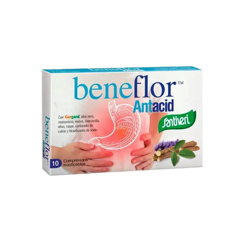 Santiveri Beneflor Antacid tablets in a blister pack, used for relief from indigestion and heartburn.