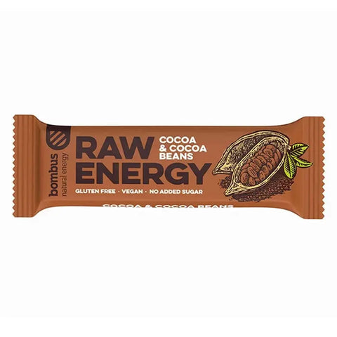 Santiveri Bombus Raw Energy Cocoa 20 units, natural energy snacks by Jag Couture London New York, with cocoa flavor.