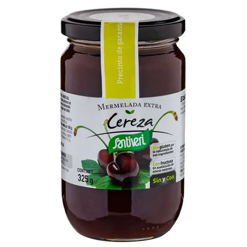 Jar of Santiveri Cherry Jam in a 325g glass container with a label, showcasing fresh cherries and jam texture.