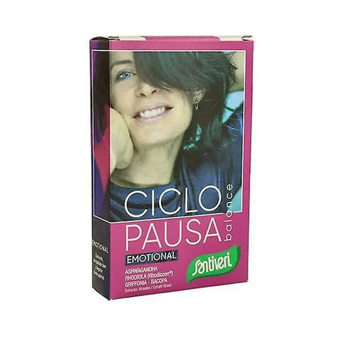 Santiveri Ciclopausa Balance Emotion 18g herbal supplement in a clear jar with label, designed for emotional well-being.
