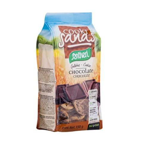Santiveri Cookisanas Choco Biscuits in 150g package, featuring chocolate cookies with a crunchy texture and branding from Jag Couture London.