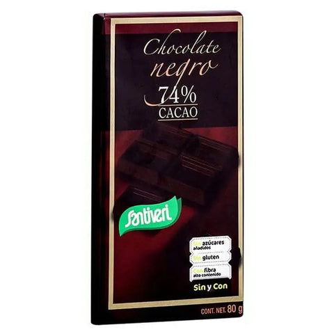 Dark chocolate bar with 74% cocoa from Santiveri, packaged in an 80g wrapper by Jag Couture London New York.