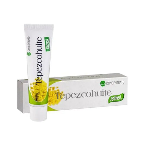 Santiveri Dermo Cream Tepezcohuite Bio 50ml, natural skincare product in a white tube with green accents, on a neutral background.