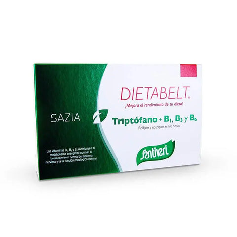 Santiveri Dietabelt Sazia supplement with tryptophan, B1, B3, B6 vitamins in a supplement bottle, branded by Jag Couture London New York