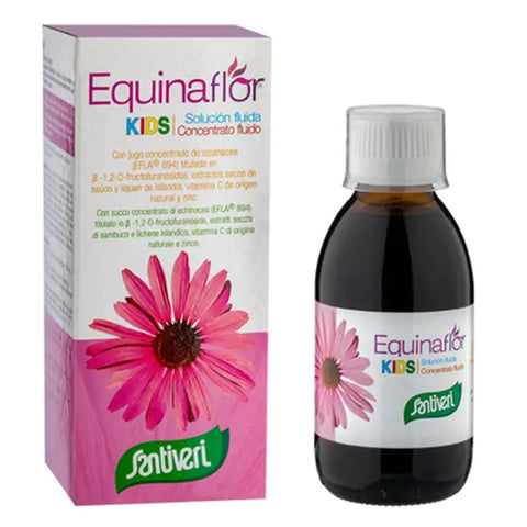Santiveri Equinaflor Kids Syrup in a 200ml bottle, featuring natural herbal ingredients for children's health and wellness.