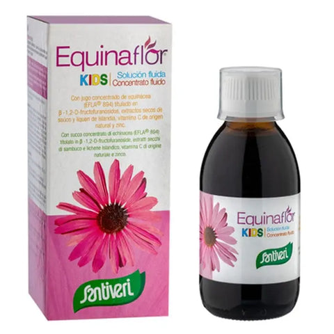 Santiveri Equinaflor Kids Syrup 200ml bottle with label, natural herbal supplement for children, produced by Jag Couture London New York