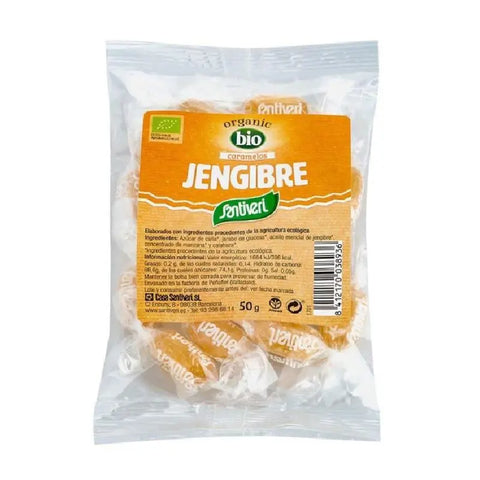 Santiveri ginger candy bag, 50g, featuring fresh ginger pieces in clear packaging with brand labels from Jag Couture London New York.