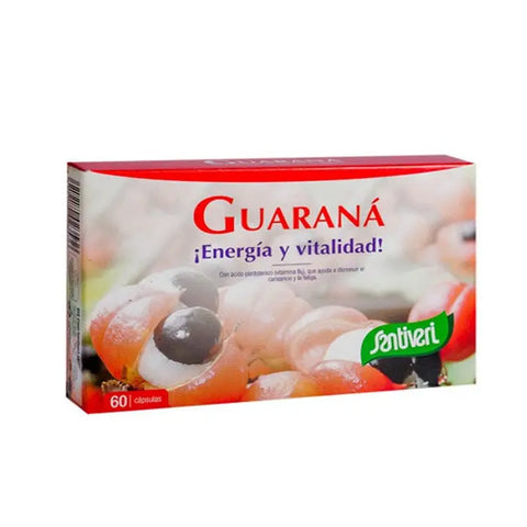 Santiveri Guarana 60 capsules in a clear bottle, dietary supplement for energy, by Jag Couture London New York.