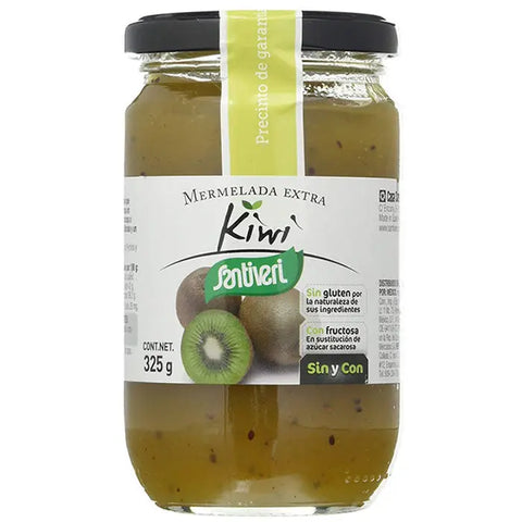 Jar of Santiveri kiwi jam in 325g container with fresh kiwi slices on the label, from Jag Couture London New York.