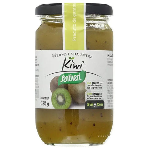 Santiveri Kiwi Jam 325g jar with vibrant green kiwi fruit slices, showcasing fresh fruit and jam texture.
