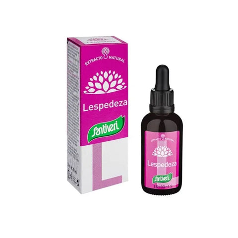Santiveri Lespedeza plant extract in a 50ml bottle, displayed with botanical elements and packaging, by Jag Couture London New York.