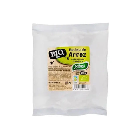 Organic rice flour from Santiveri Naturalia, 250g, displayed in a clear bag with branding, suitable for baking and gluten-free recipes.