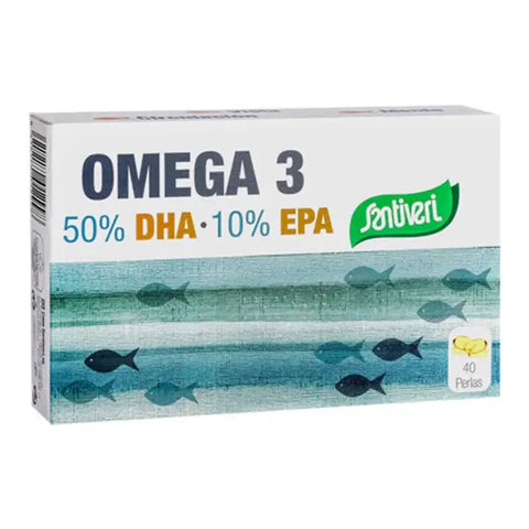 Santiveri Omega 3 DHA and EPA softgels, dietary supplement in a clear bottle with 40 softgel capsules, branded by Jag Couture London.