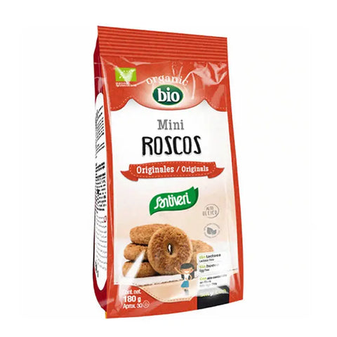 Santiveri Organic Mini Doughnuts in 180g package, displayed on a wooden surface with fresh ingredients in the background.
