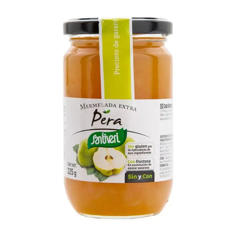Jar of Santiveri pear jam in a 325g glass container, featuring fresh pear slices and a smooth, fruity spread.