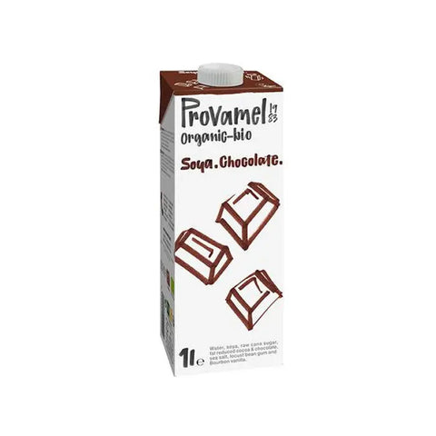 Santiveri Provamel organic soy chocolate drink 8-pack in 1-liter cartons, featuring a rich chocolate flavor and natural ingredients.