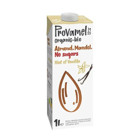 Organic vanilla almond milk in a 1L carton by Santiveri Provamel, featuring vanilla beans and almond ingredients.