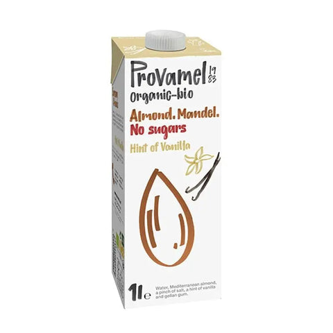 Organic vanilla almond milk in a 1L carton by Santiveri Provamel, featuring natural vanilla flavor and plant-based ingredients.