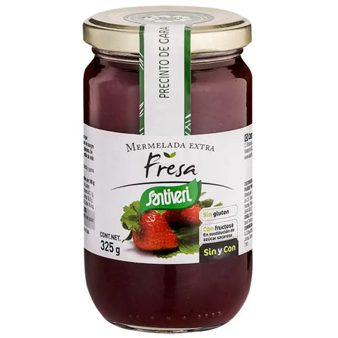 Jar of Santiveri strawberry jam in a 325g glass container with a red fruit label, by Jag Couture London New York.
