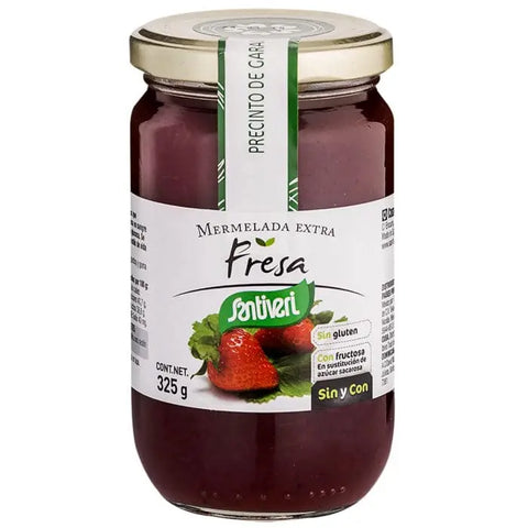 Jar of Santiveri strawberry jam in 325g jar, with fresh strawberries and labeling visible.