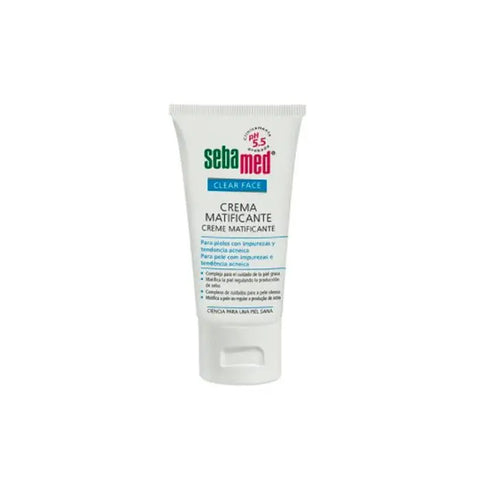Sebamed Clear Face Mattifying Cream 50ml in a jar, designed for oily skin, with smooth, matte finish and lightweight texture.