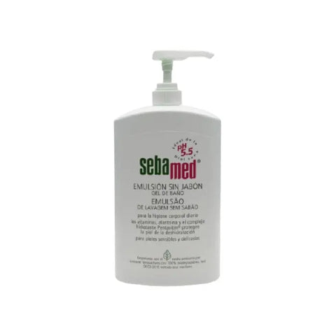 Sebamed soap-free emulsion in a 750ml bottle, with a sleek design, by Jag Couture London New York.