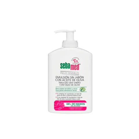 Sebamed soap-free emulsion with olive oil in a 300 ml bottle, featuring a pump dispenser, from Jag Couture London New York.