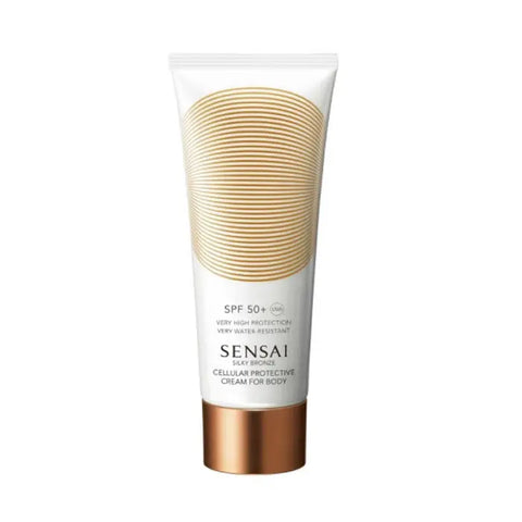 Sensai Silky Bronze Cellular Protective Cream for Body with SPF 50, 150ml, in a sleek jar with a white lid.