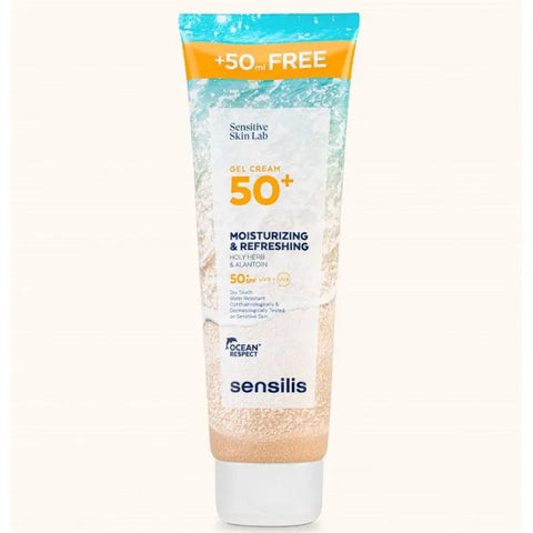 Sensilis Fotoprotector Gel Cream SPF50+ in a 250ml tube, with a smooth gel texture, from Jag Couture London - New York.