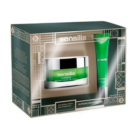 Sensilis Supreme Renewal Detox gift set with day cream and eye contour from Jag Couture London New York, featuring skincare products.