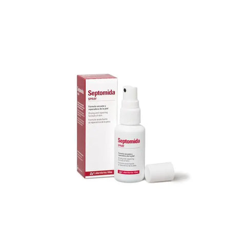 Septomida skin cleaning and protection spray in a 50ml bottle by Jag Couture London-New York, shown with spray nozzle and packaging