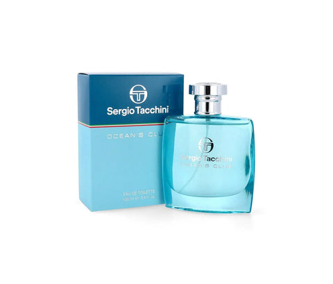 Sergio Tacchini Ocean's Club Eau De Toilette 100ml spray bottle with sleek design, showcasing the fragrance and packaging.