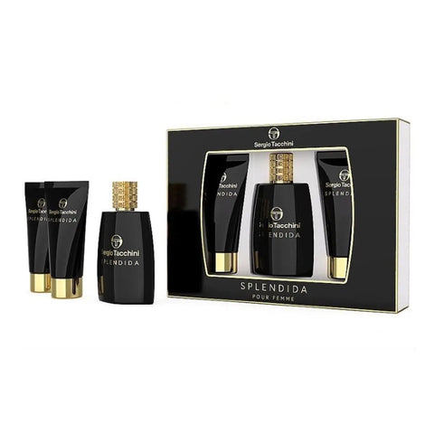 Sergio Tacchini Splendida Pour Femme Eau de Parfum, body lotion, perfumed gel, and body spray in 100ml bottles by Jag Couture London.