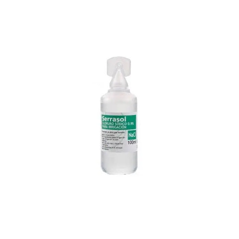 Serra Pamies Sodium Chloride Serrasol 0.9% 100ml bottle, clear solution in a medical container, branded by Jag Couture London New York