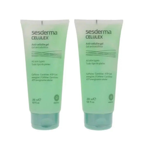 Sesderma Celulex anti-cellulite gel in two 200ml tubes, featuring a sleek design with branding from Jag Couture London New York.